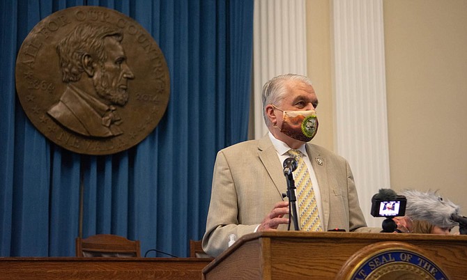 Governor Steve Sisolak during a press conference on Monday, Aug. 3, 2020, in the former Assembly chambers inside the Capital in Carson City.
