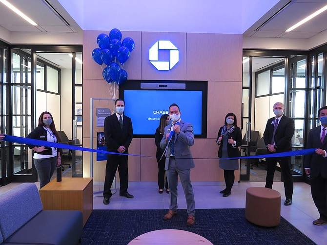 The Reno+Sparks Chamber celebrated the opening of Chase Bank at the Village at Rancharrah on Nov. 16. Pictured: Jenna Cochrane - Lead Associate Operations; Keith Davis - Chase Private Client Advisor; Carol Oakland - Associate Banker; Michael Doray - Branch Manager; Jayme Miller - Market Director; Cesar Gonzalez - Branch Manager from Mae Anne McCarran; and Andrew Rangel - Associate Banker.