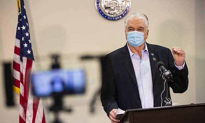 Gov. Steve Sisolak gives an update on the state&#039;s COVID-19 response at the Sawyer Building in Las Vegas on Thursday, Sept. 3, 2020.