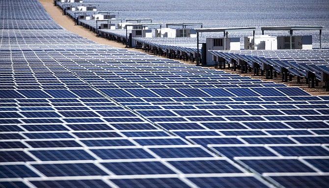 Solar panels seen at the Copper Mountain Solar 3 facility near Boulder City on Monday, April 22, 2019.
