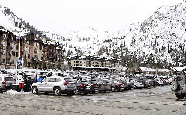 The parking lot at Squaw Valley, located in Placer County and within the proposed Tahoe Business Improvement District, is seen packed in January 2016 with skiers and village patrons.